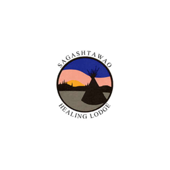 Timmins Care Logo of Sagashtawao Healing Lodge, featuring a tipi silhouette against a sunset background with text encircling the image. Cochrane District Social Services Administration Board