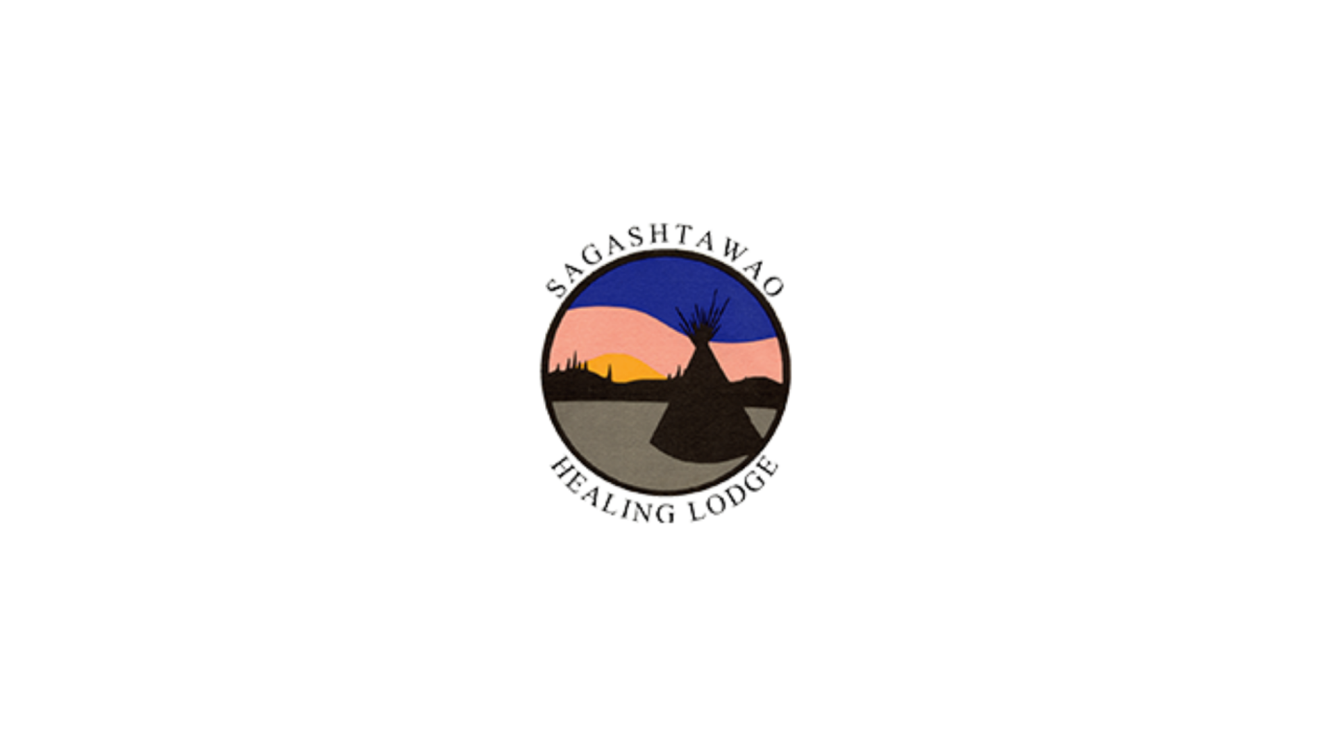 Timmins Care Logo of Sagashtawao Healing Lodge, featuring a tipi silhouette against a sunset background with text encircling the image. Cochrane District Social Services Administration Board