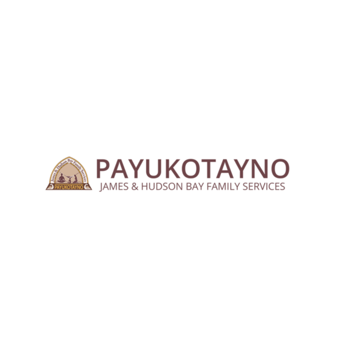 Timmins Care Logo for "Payukotayno: James & Hudson Bay Family Services" with an emblem depicting a house-like structure beside the text. Cochrane District Social Services Administration Board